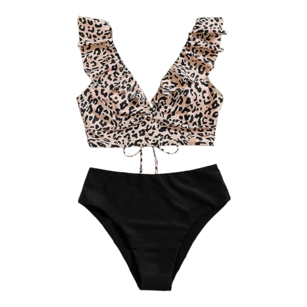 NWOT Women's Leopard Print Bikini Set V Neck Ruffle Lace Up Bathing Suit Size S